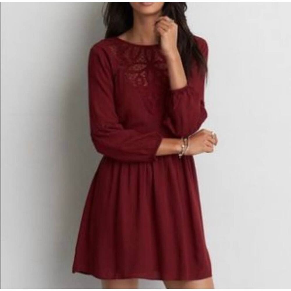 American Eagle Mini Dress XS Boho Dress Open Back Crochet Lace Peasant Gauzy